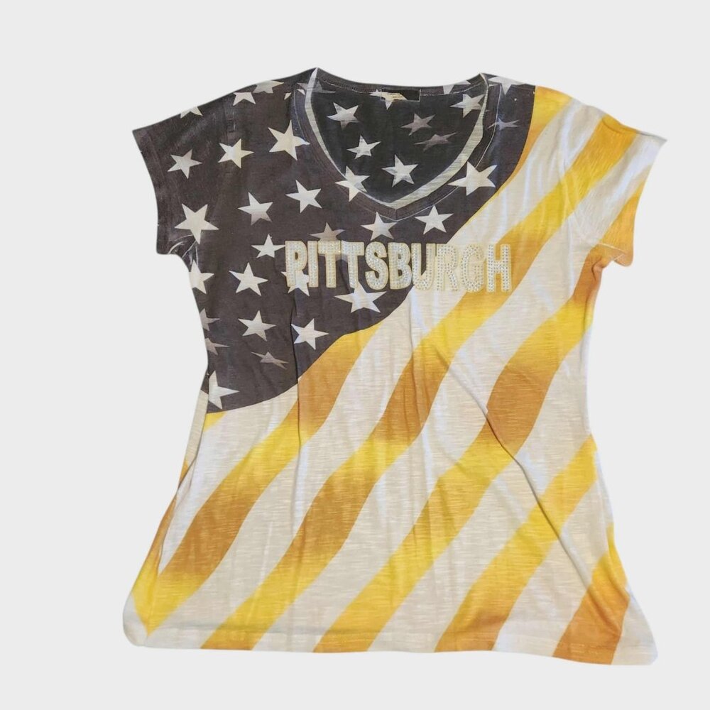 Sweet Gisele Pittsburgh Shirt American‎ Flag Patriotic Embellished Womens Large